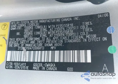 2007 Lexus Rx 350 from USA, damaged, VIN 2T2GK31U47C006813